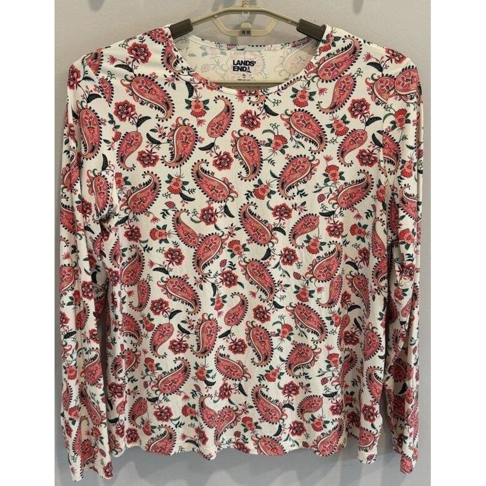 Lands End Pink‎ Green Paisley Floral Long Sleeve Swimsuit Rash Guard Size XL 18
